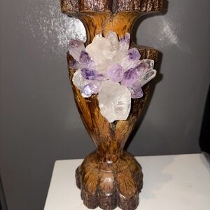 Vintage Rustic Wooden Vase with Amethyst and Clear Crystals